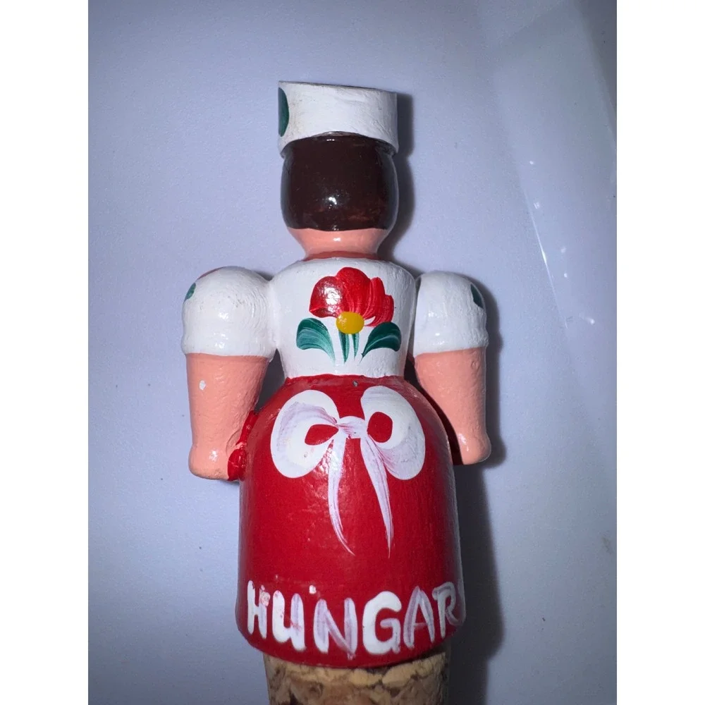 Vintage Hungarian Folk Art Hand Painted Wooden Wine Bottle Stopper Woman Hungary